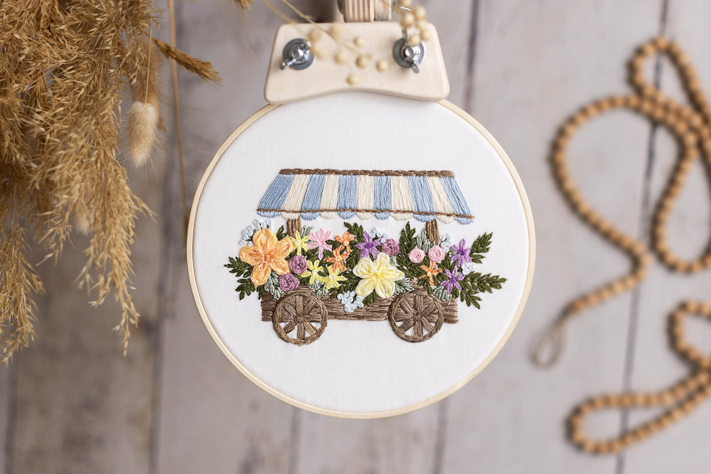 Looples Embroidery Kit for Beginners and Adults with Video Tutorials – DIY Starter Kit with 3 Stamped Floral Patterns, Hoops, Threads, Needles, and Instructions - Cart, Glass Jar, and Flowers