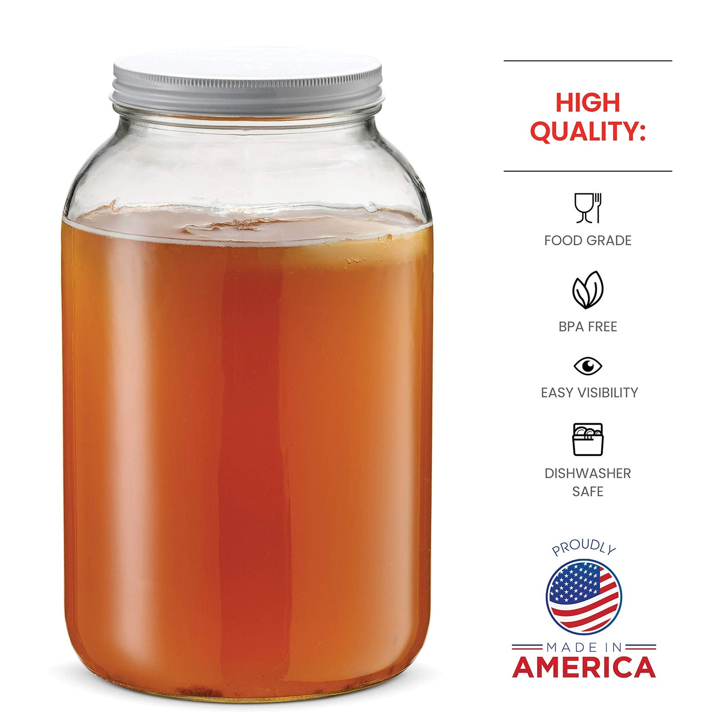 1 Gallon Glass Jar With Lid – 2 Pack Large Glass Jar With Airtight Metal Lids - USDA Approved BPA-Free Dishwasher Safe, Wide Mouth Sun Tea Jar, Gallon Mason Jar for Storage, Fermenting, And Brewing
