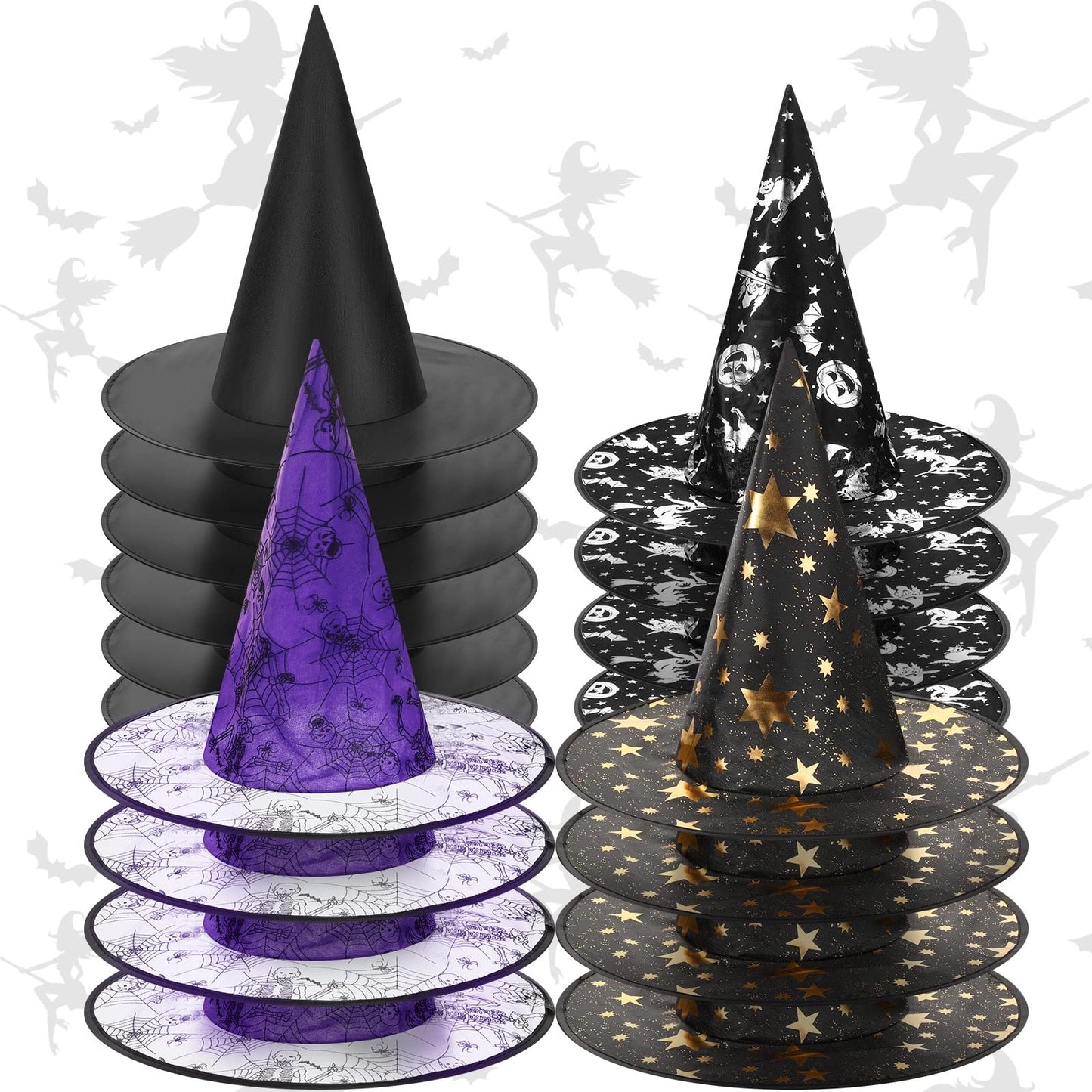 Jerify 18 Pieces Halloween Witch Hat 4 Different Designs Halloween' Party Wizard Hats Costumes Accessories Witch Party Costumes Decorations