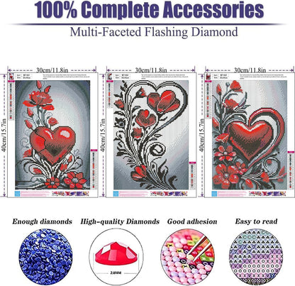 mrpwnle 3 Pack Diamond Art Kits for Adults, Valentines Day Heart Flowers Diamond Painting Kits, 5D Diamonds Painting, DIY Full Drill Gem Art Crafts Kit Home Wall Decor Gifts 11.8x15.7 inch