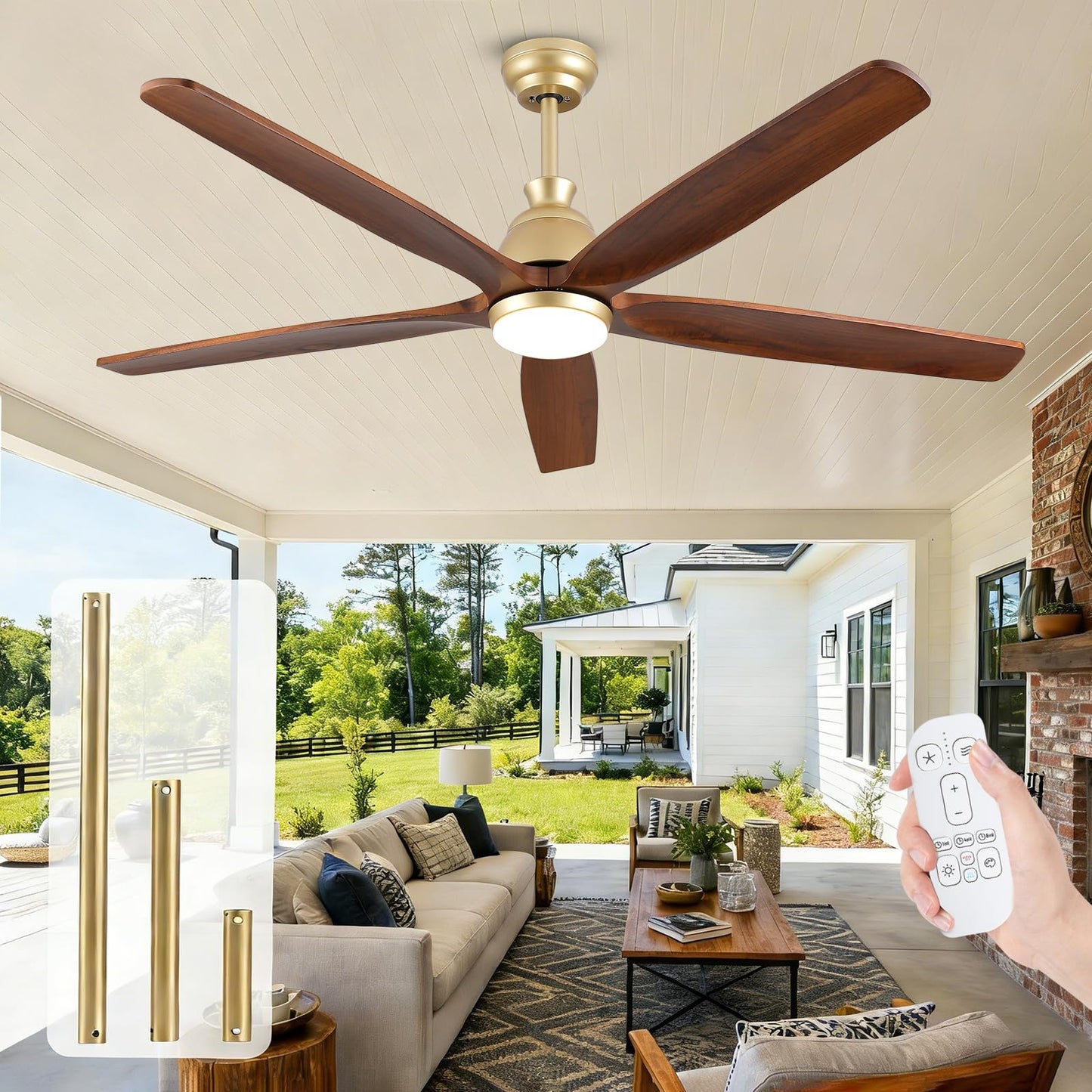 YZEENM 60 Inch Ourdoor Gold Ceiling Fan with Light, 5 Walnut Wood Blade Damp-Rated, Indoor Exterior High CFM Propeller for Patio Farmhouse, 6 Speeds Quiet Reversible DC Motor, for Living Room Porch