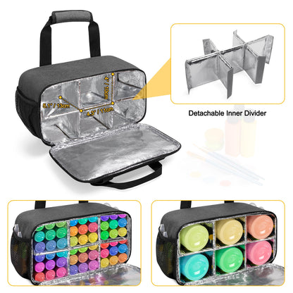 Acrylic Paint Organizer Bag for up to 54 Bottles (2 oz), Art Supply Storage Case with Handle Strap, Extra Pocket for Paint Brushes, etc, Aluminum Foil Liner for Easy Cleaning, Patented Design (Grey)