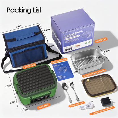 Odopok Cordless Electric Lunch Box, 6.3 Cup 100W Heated Lunch Box with 20000mAH Battery Powered for Self Heating, Including Fork Spoon and Insulated Bag for Men Women Adults, BPA Free(Dark Green)