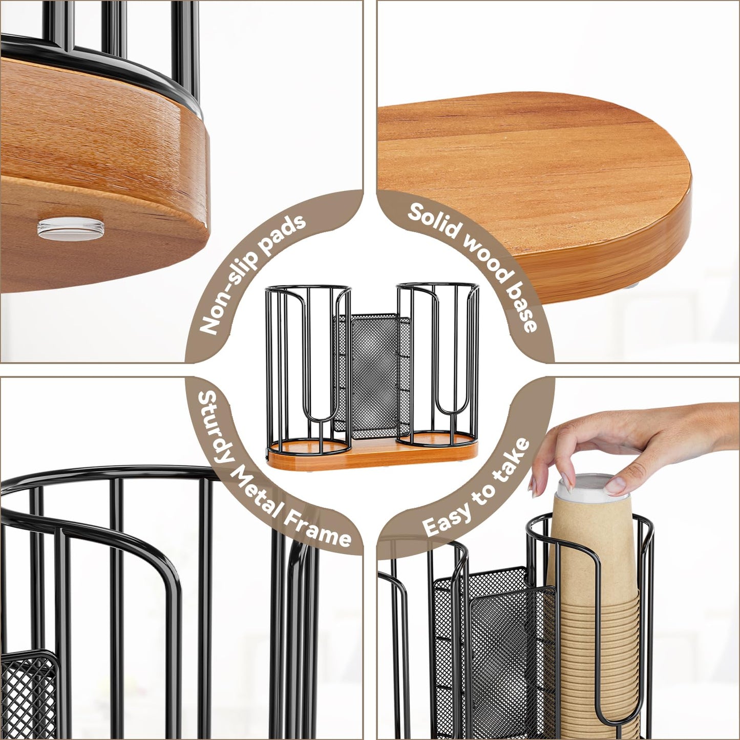 Coffee Cup and Lids Holder - Disposable Cups Straws Organizer with Wooden Base - Paper Plastic Cup Holder Dispenser Storage for Countertop Coffee Station Bar Restaurant Office Breakroom Shop Kitchen