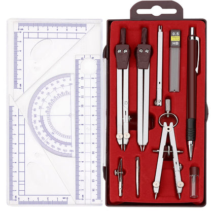 Compass Geometry Tool, 13PCS Compass and Protractors Set Math Geometry Drawing Tool Precision Set Graphic Compasses Triangle Rulers Pencils Protractor with Storage Case (Brown)