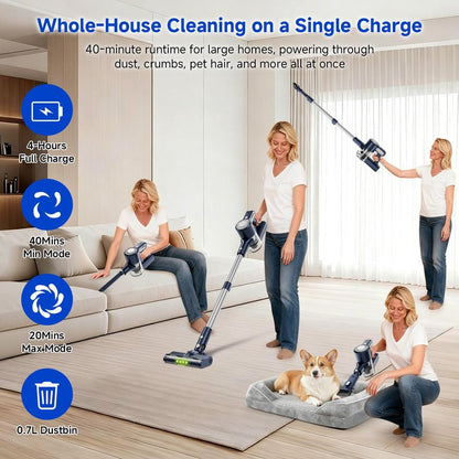 Clinkal Cordless Vacuum Cleaner - 6-in-1 Stick Vacuum with Powerful Suction, Rechargeable, Anti-Tangle Pet Hair Brush, Self-Standing, Green LED Headlight Vacuum for Carpet & Hardwood Floors-Dark Blue