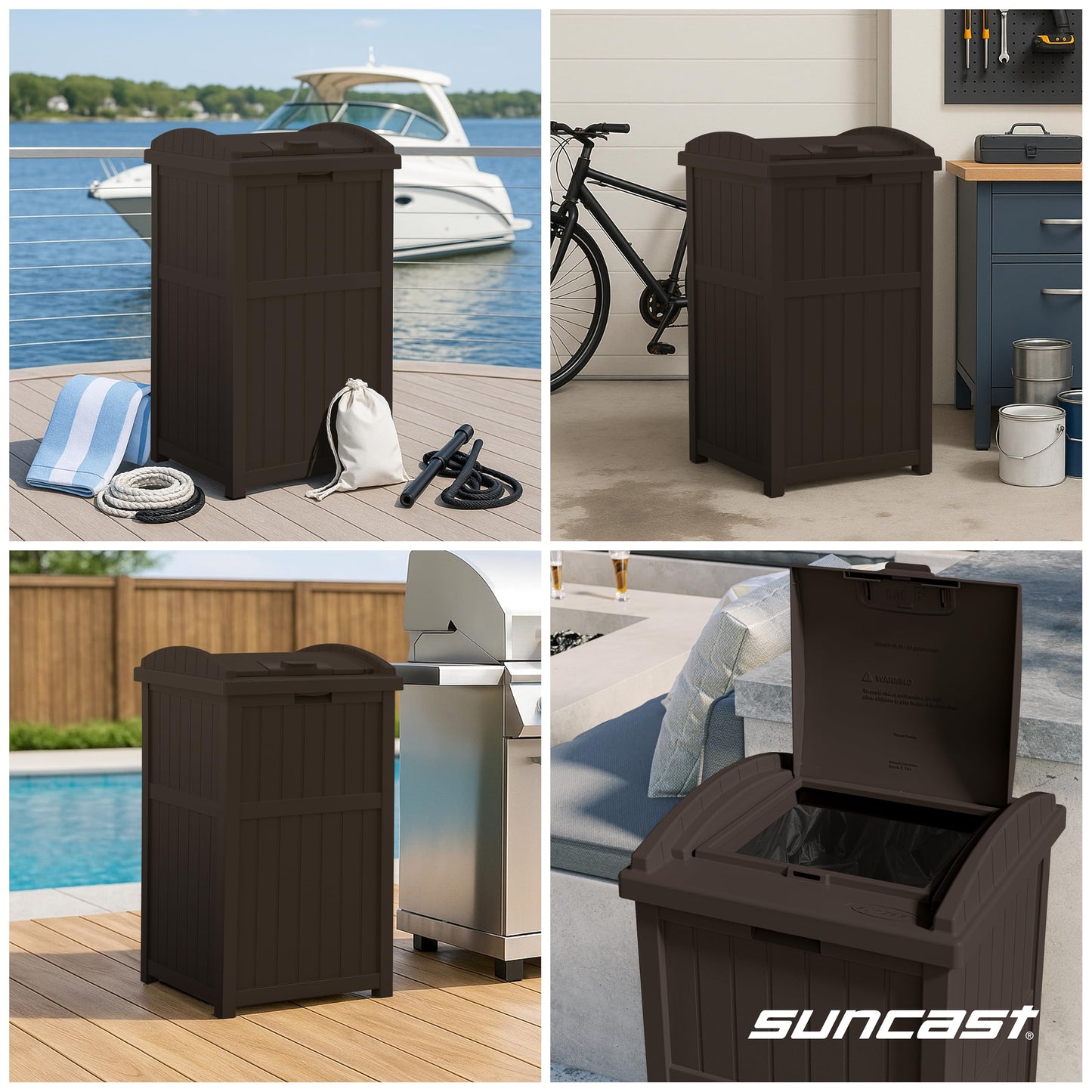 Suncast 33 Gallon Durable resin Hideaway Outdoor Garbage Can with Secure Lid and Wicker Design for Home Backyards, Decks, or Patios, Java Brown