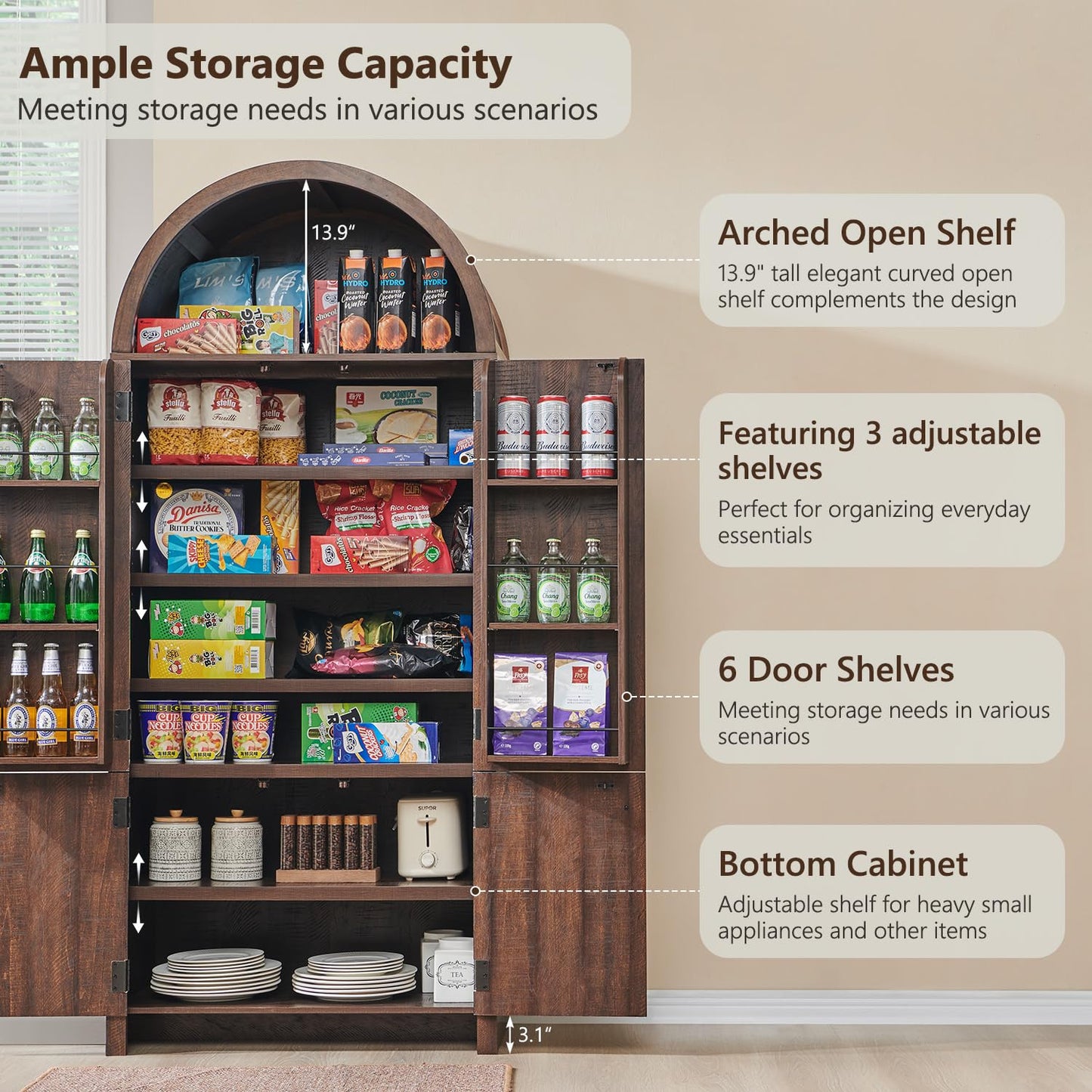 IFGET 71" Tall Arched Kitchen Pantry, Modern Fluted Wood Storage Cabinet with Doors, 3 Adjustable Shelves, 6 Door Shelves, Organizer, Versatile Cupboard for Kitchen, Bathroom, Brown