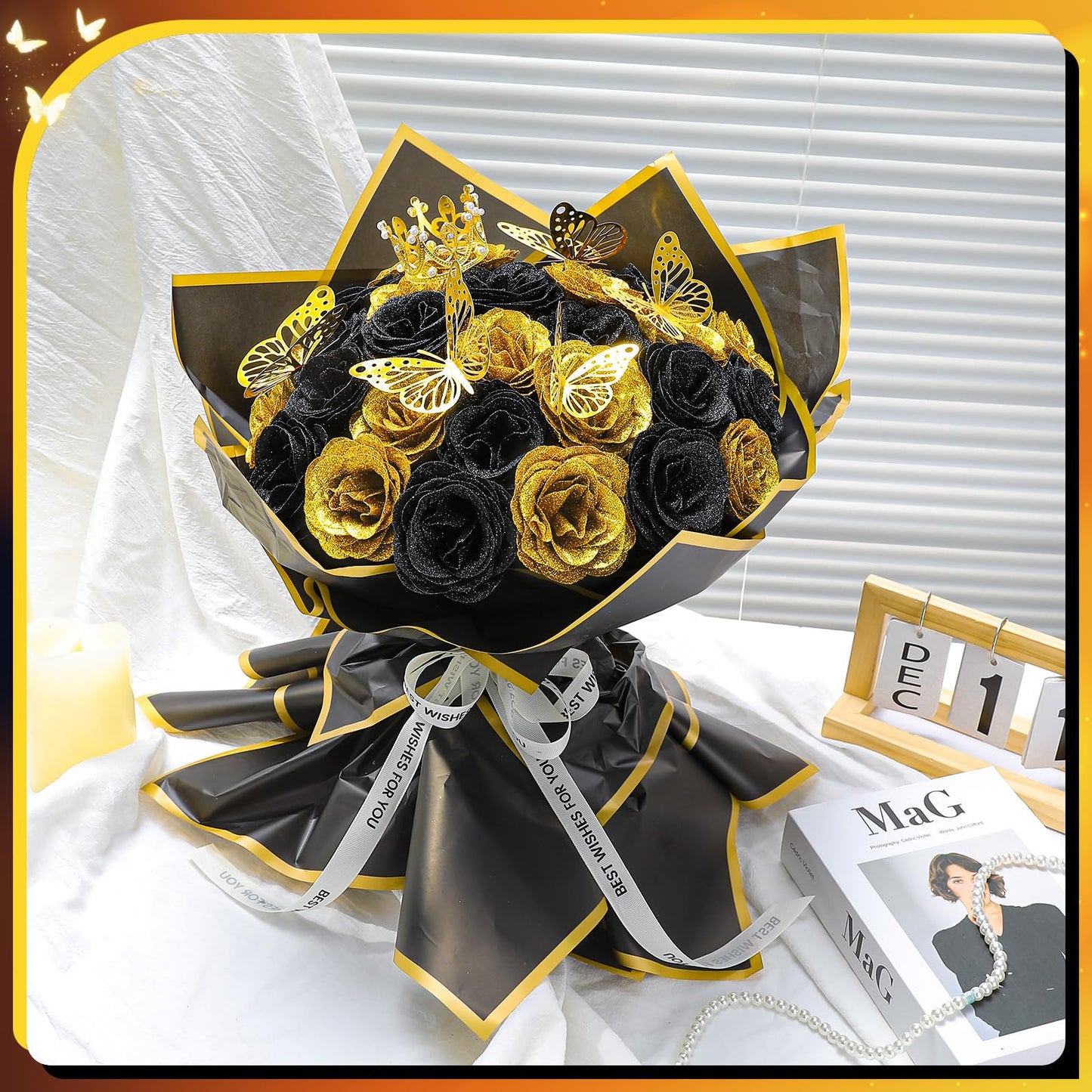 Ovveroche 36 PCS Glitter Roses Bouquet Kit, Black, Gold Sparkling Flower Arrangement with Stems, Butterflies, Crown, Wrapping Paper, Card, Ribbon for Wedding, Graduate, Birthday, DIY Crafts