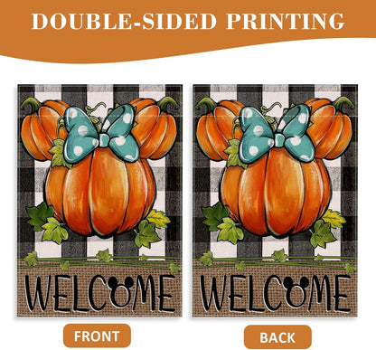 Welcome Fall Pumpkin Decorative House Flag, Autumn Thanksgiving Buffalo Plaid Check Garden Yard Decor