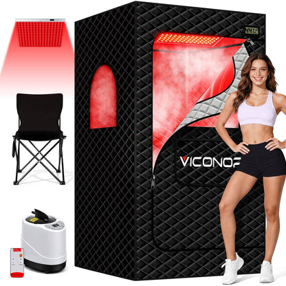 Infrared Sauna Box, Portable Steam Infrared Sauna with Red Light Therapy for Body, Sauna Tent with 660nm & 850nm Infrared Red Light Therapy Lamp, 3L/1200W Steamer, 9 Levels Heat, Timer, Folding Chair
