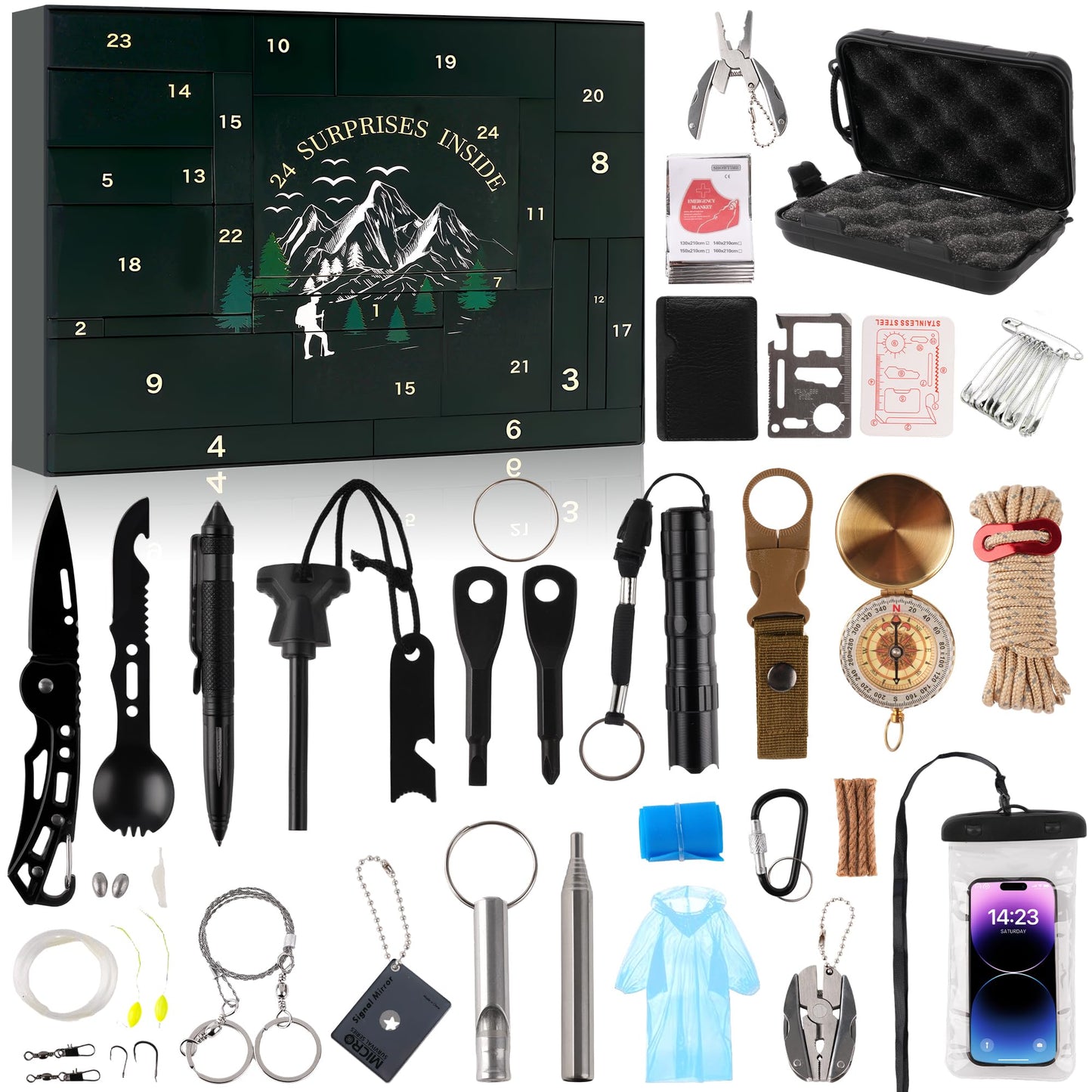 Survival Kit Advent Calendar 2025 for Men, 24 Day Christmas Countdown Surprise Gift with Outdoor Survival Tools for Teen Boys Men Outdoor Enthusiasts Hiking, Camping, Hunting, Fishing