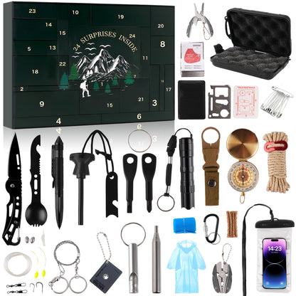 Survival Kit Advent Calendar 2025 for Men, 24 Day Christmas Countdown Surprise Gift with Outdoor Survival Tools for Teen Boys Men Outdoor Enthusiasts Hiking, Camping, Hunting, Fishing