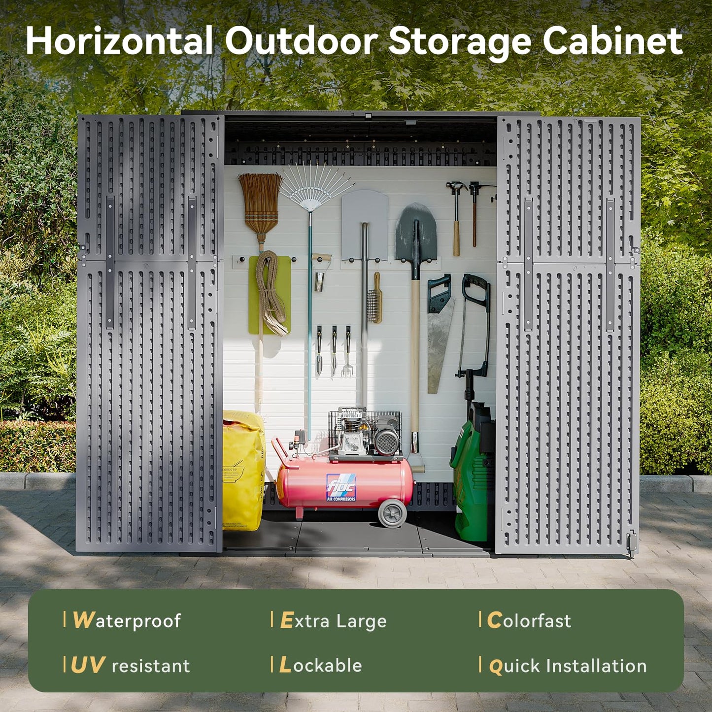 AOXUN Horizontal Storage Sheds 61 Cu.ft, HDPE Outdoor Storage Box 160 Gallon, Waterproof Lockable Resin Deck Box with Spring-Assisted Lid, Patio Storage for Garden, Pool, Cushions, Tools, Grey