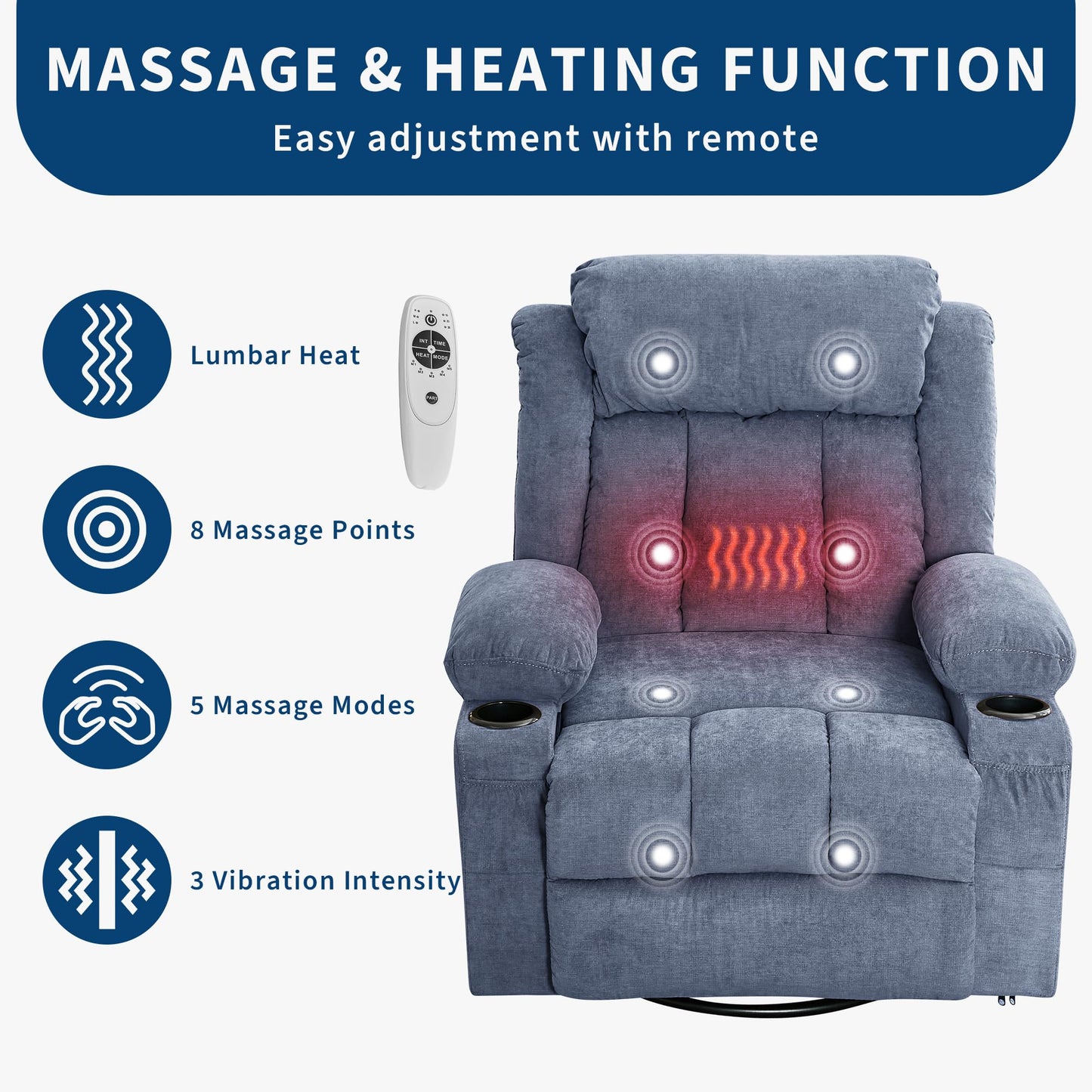 GarveeLife Rocking Recliner Chair for Nursery Glider Recliner with Cup Holder Swivel Rocker with Upholstered Deep Seat Comfy Single Sofa for Living Room Blue