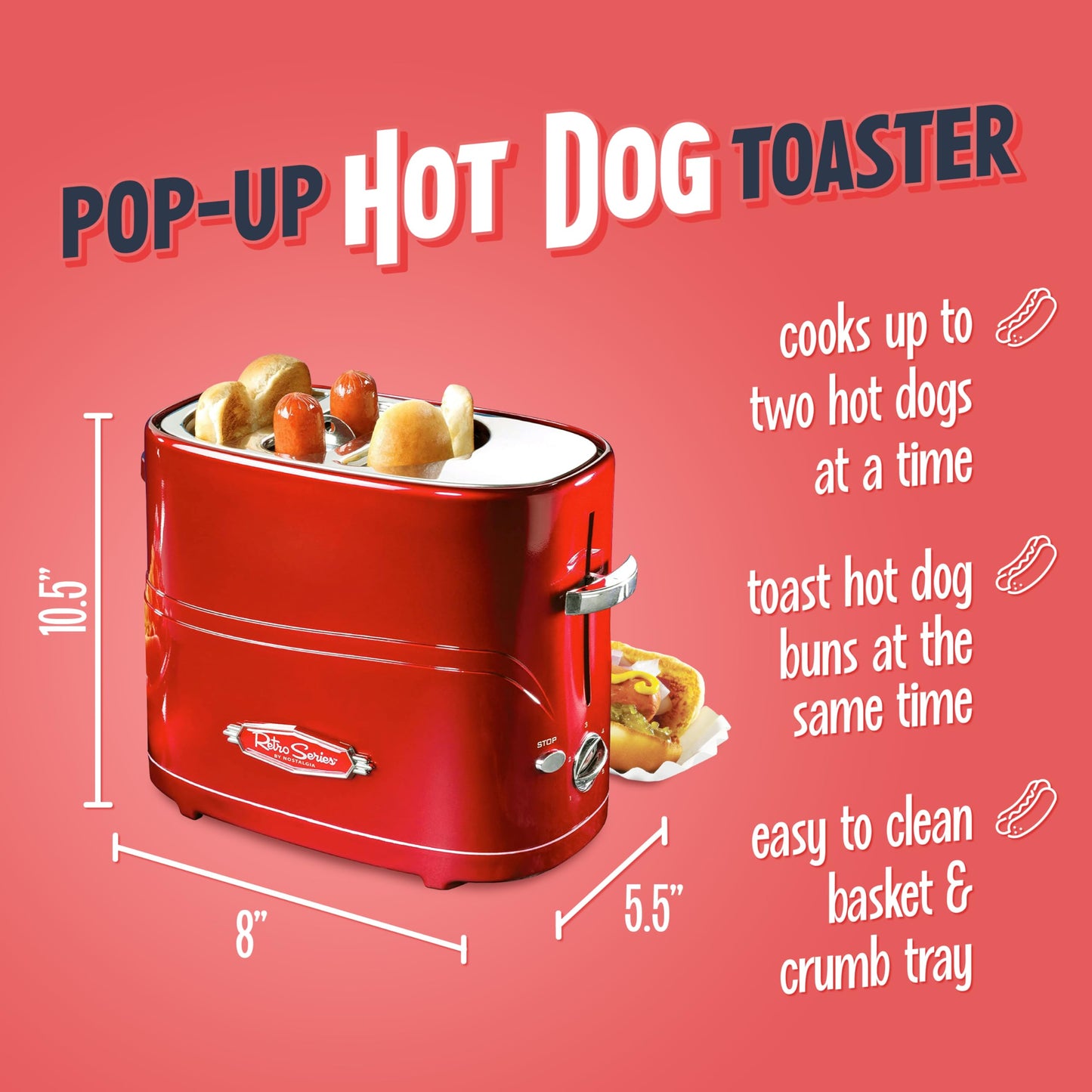 Nostalgia HDT600RETRORED Retro Pop-Up 2 Hot Dog and Bun Toaster, With Mini Tongs, Works With Chicken Dogs, Turkey Dogs, Veggie Links, Sausages and Brats