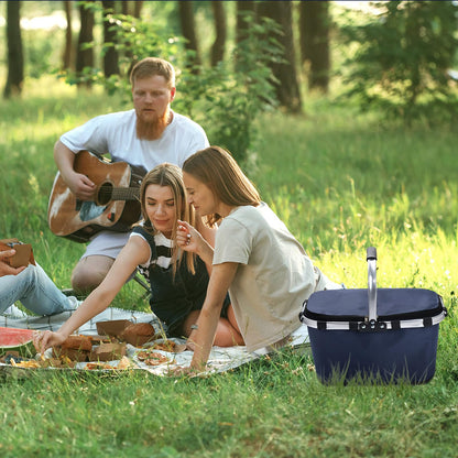 Pomodee Picnic Basket with Handle,30L Large Foldable Insulated Cooler Picnic Basket,Grocery Shopping Basket for Travel Camping Market Bag,Navy Blue