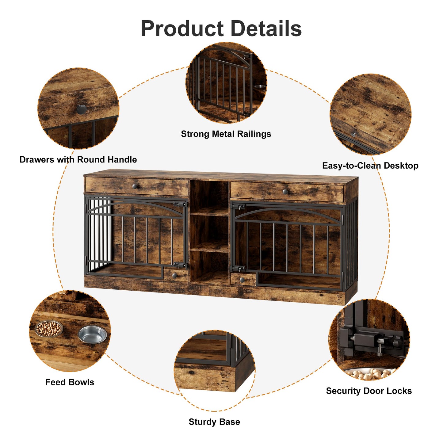GarveeHome Dog Crate Furniture for 2 Dogs, Dog Kennel Indoor with Storage and Feeding Bowls, Double Dog Crate TV Stand for Small Medium Dogs, Brown