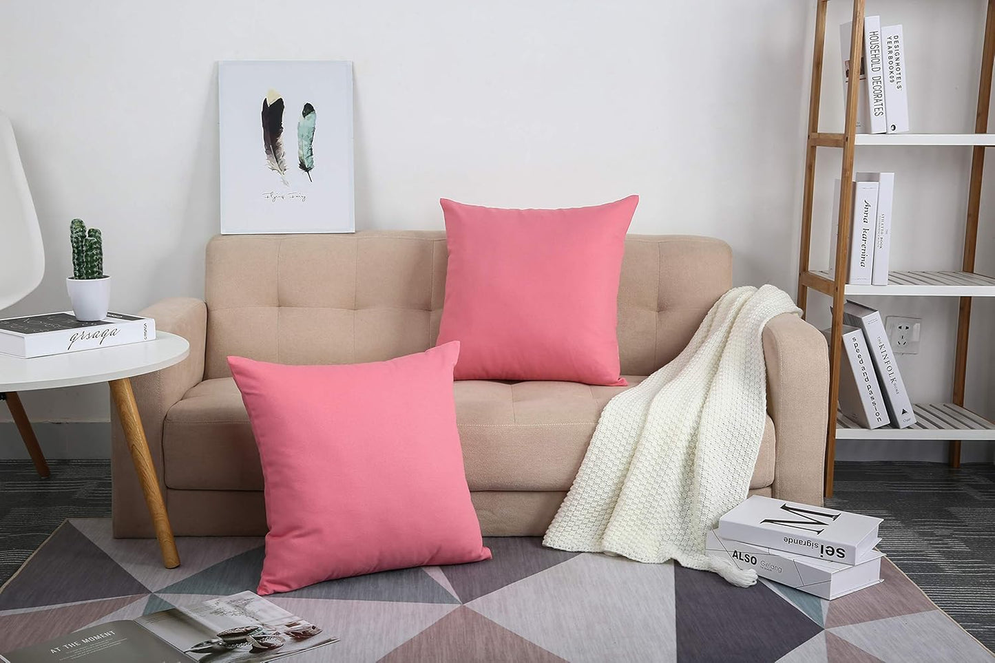 TangDepot Handmade Decorative Solid 100% Cotton Canvas Throw Pillow Covers - 2 Pieces, 16"x16", Pink