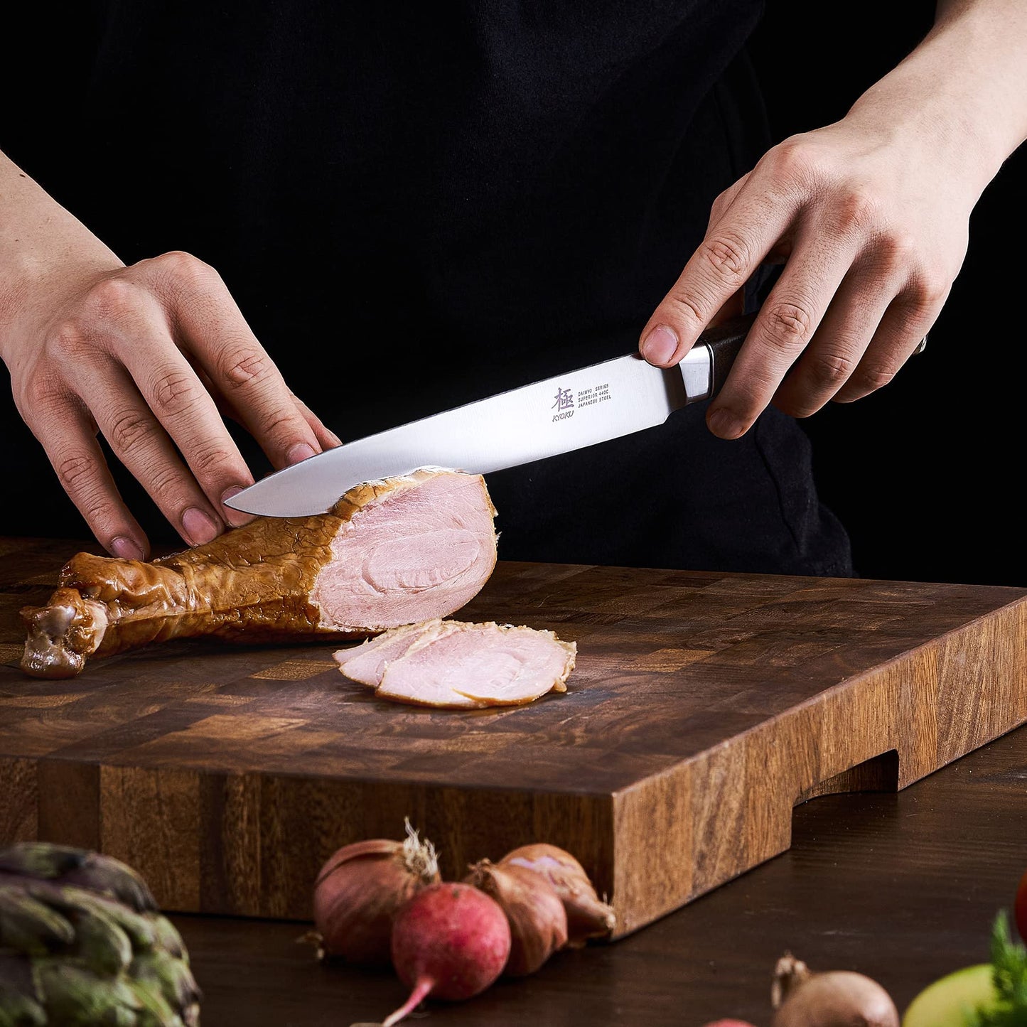 KYOKU 8 Inch Carving Knife - Daimyo Series - Meat and Fruit Slicing Knife with Ergonomic Rosewood Handle, & Mosaic Pin - Japanese Style 440C Stainless Steel Kitchen Knife with Sheath & Case