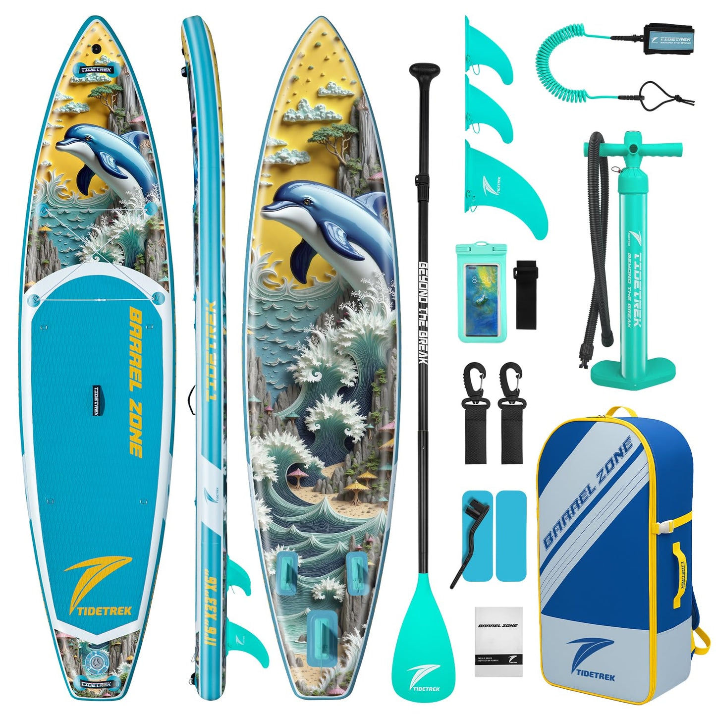 TIDETREK 11'/11'6" x 33"/34" x 6" Inflatable SUP Paddle Board – Extra-Wide, Stable Stand Up Paddle Board with Premium Full Accessory Set for Adults & Youth (Azure Leap, 11'6"x33"x6")