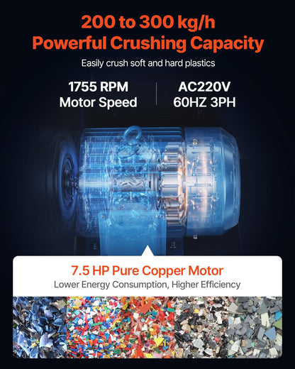 VEVOR Plastic Shredder Crusher, 7.5HP/5.5KW Plastic Grinder Granulator, 200-300kg/h Capacity Pulverizer Recycling Machine with Wheels, SDK-11 Blade & 8mm Mesh for PVC PTFE (220V 60Hz 3-Phase)