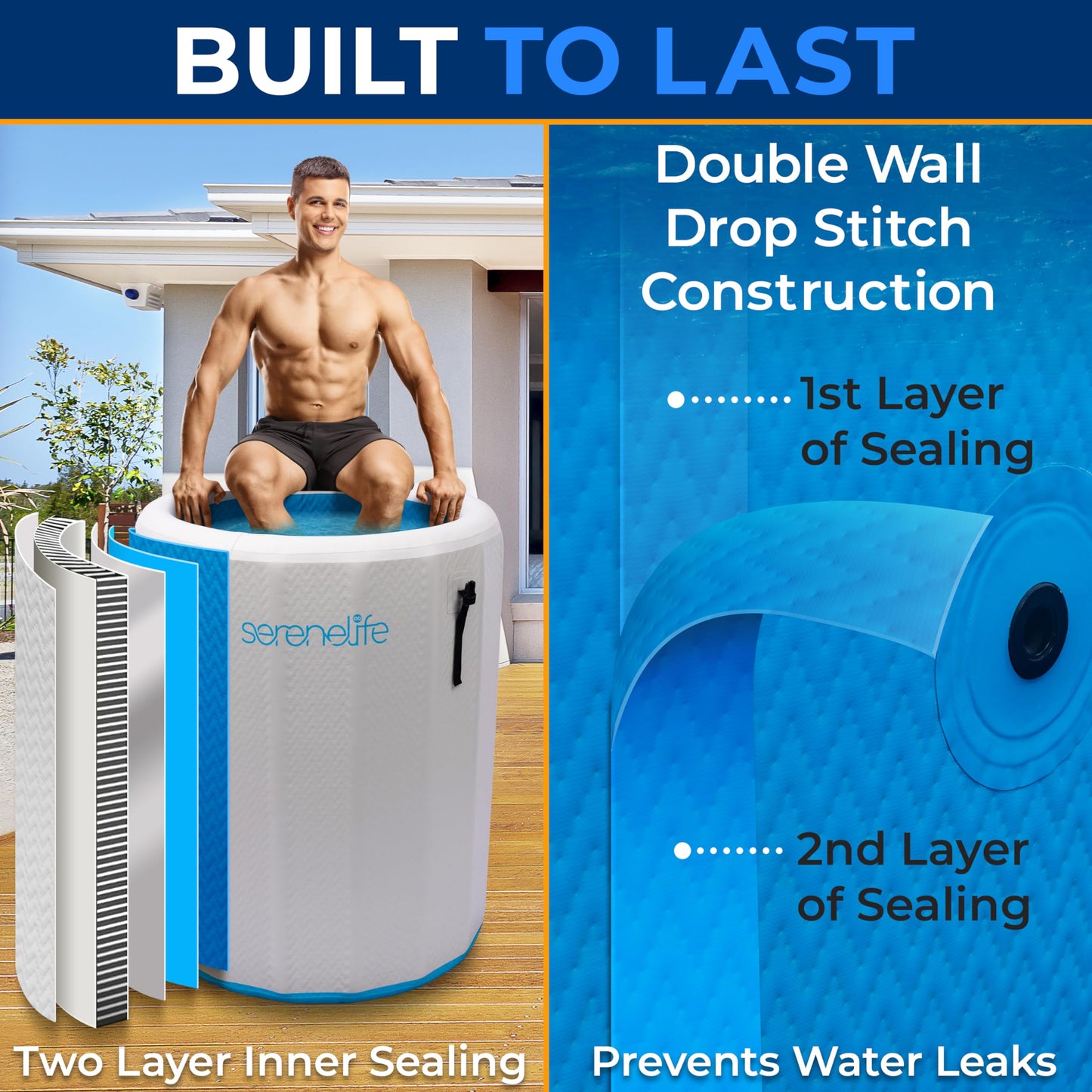 SereneLife Inflatable Cold Plunge Tub Ice Bath, 85 Gal One Person Ice Bath Tub with Lid, Drop Stitch PVC, Double Layer Seals, Heavy Duty Cold Plunge for Athletes
