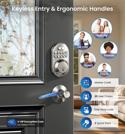 Veise Keyless Entry Door Lock with 2 Lever Handles - Electronic Keypad Deadbolt, Auto Lock, Back Lit & Easy Installation Design, Front Door Handle Sets, Satin Nickel