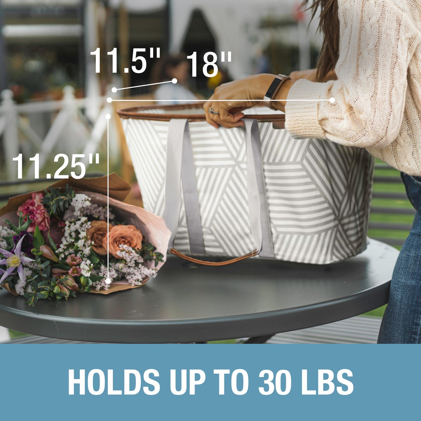 CleverMade Snapbasket LUXE Collapsible Tote - Geometric Taupe 1 Pack 30L / 8 Gal - Reusable Grocery Collapsible Storage Shopping Organizer