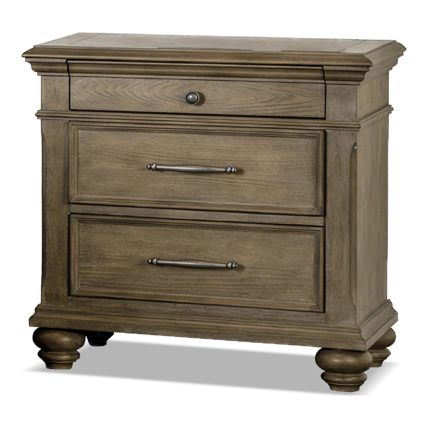 Furniture of America Tavric Solid Wood Brown Nightstand with 3 Drawers and Bun Feet, Large Bedside Table, Wooden Night Stand for Bedroom, Guest Room, Dorm, Aged Oak