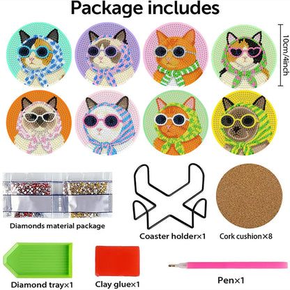 Yijingtop 8 Pcs Retro Cat Diamond Painting Coasters Kits with Holder,Funny Cat Diamond Art Coasters with Wooden Cork,DIY Round Drill Small Diamond Art for Adults for Home Wall Decor