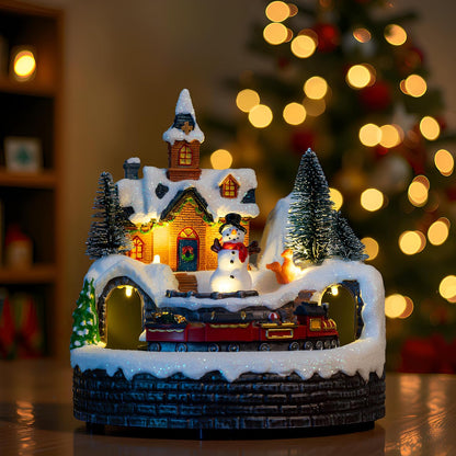 Skiennix Animated Musical Christmas Village Figurines - LED Lights & Rotating Train | Holiday Home Decor