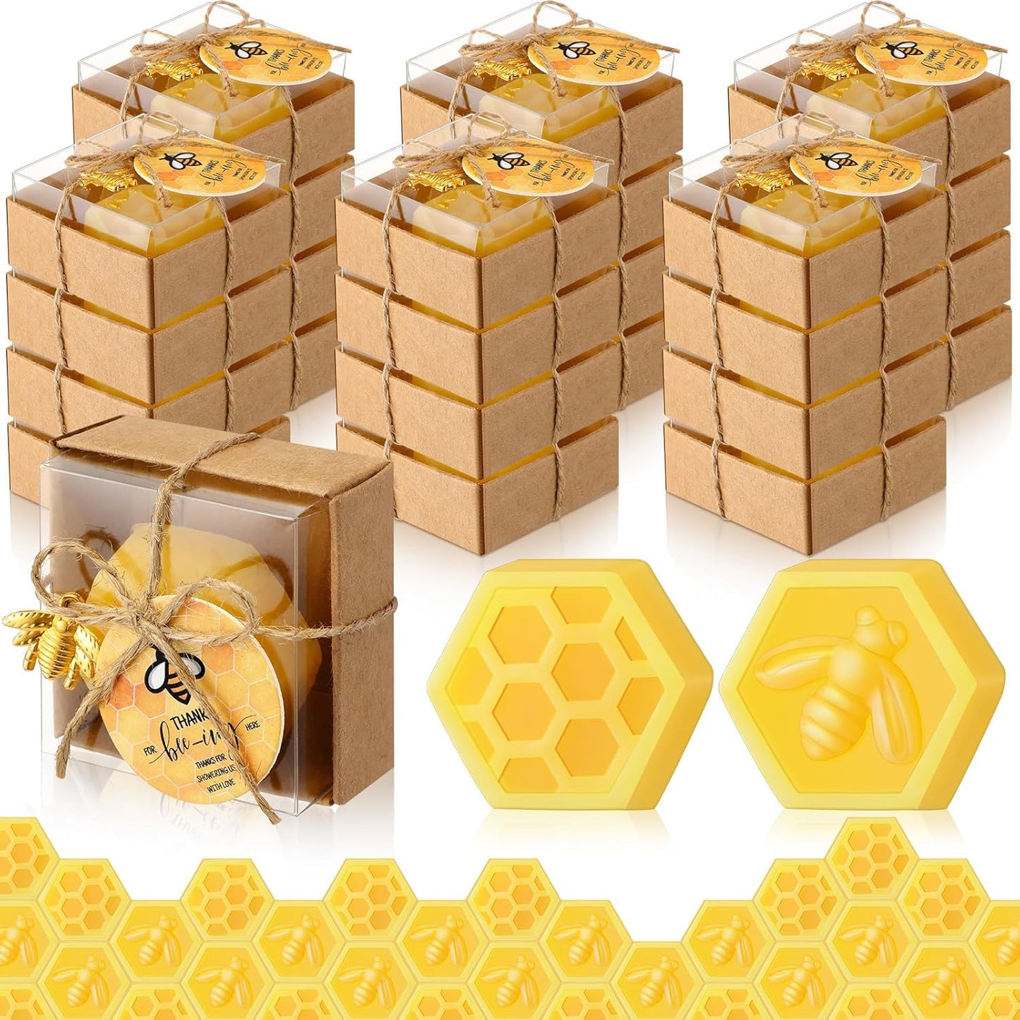 24 Set Baby Shower Bee Party Favors Honeycomb Bee Soap Handmade Scent Soaps with Gift Box Thank You Cards cute Charms