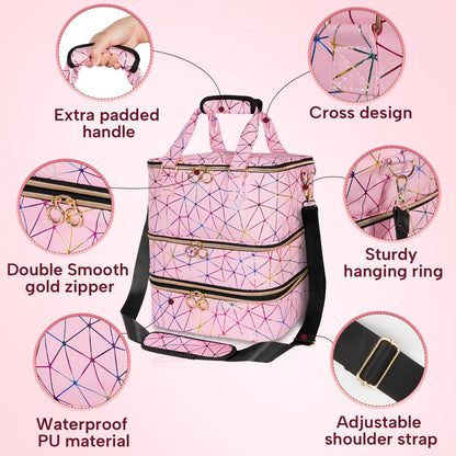 MZTXY Nail Polish Organizer Bag Holds 84 Bottles & Nail Lamp, 3 Layers Nail Kit Storage Carrying Case Pu Leather, Large Nail Supplies Organizer With Shoulder Strap, Portable Travel Nail Bag,Pink