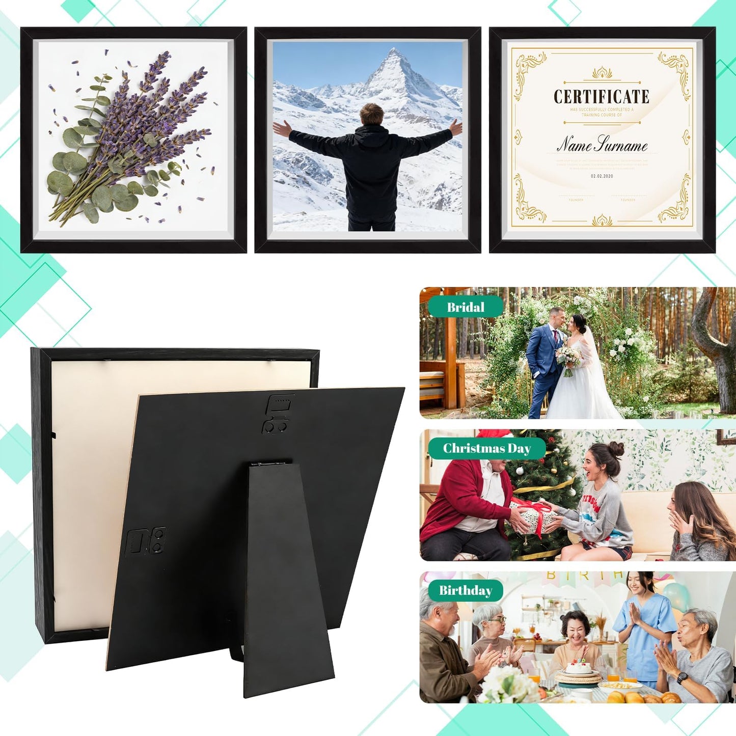 VOKOY 2 Pack 8" x 8" Shadow Box Frame, Wooden Black Hollow Photo Frame with Clear Acrylic Front Memory Display Cases Picture Frames Bulk for Photos Awards Medals Dried Flowers Seashell Memorabilia