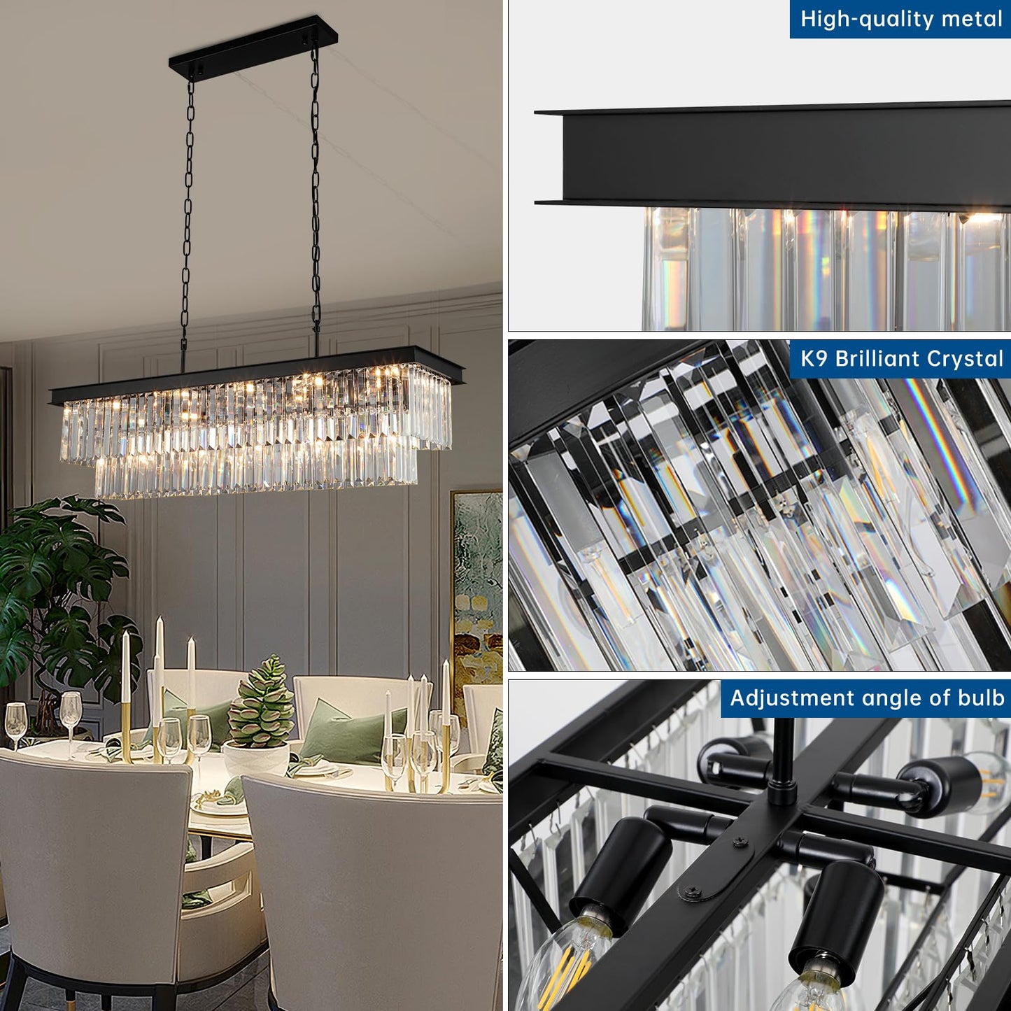 Weesalife Crystal Chandeliers for Dining Room Light Fixtures Over Table，15-Lights Black Modern Rectangle Chandeliers for Kitchen Island Bar L40 Inch