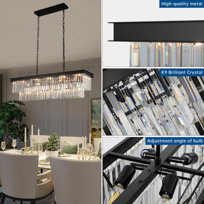 Weesalife Crystal Chandeliers for Dining Room Light Fixtures Over Table，15-Lights Black Modern Rectangle Chandeliers for Kitchen Island Bar L40 Inch