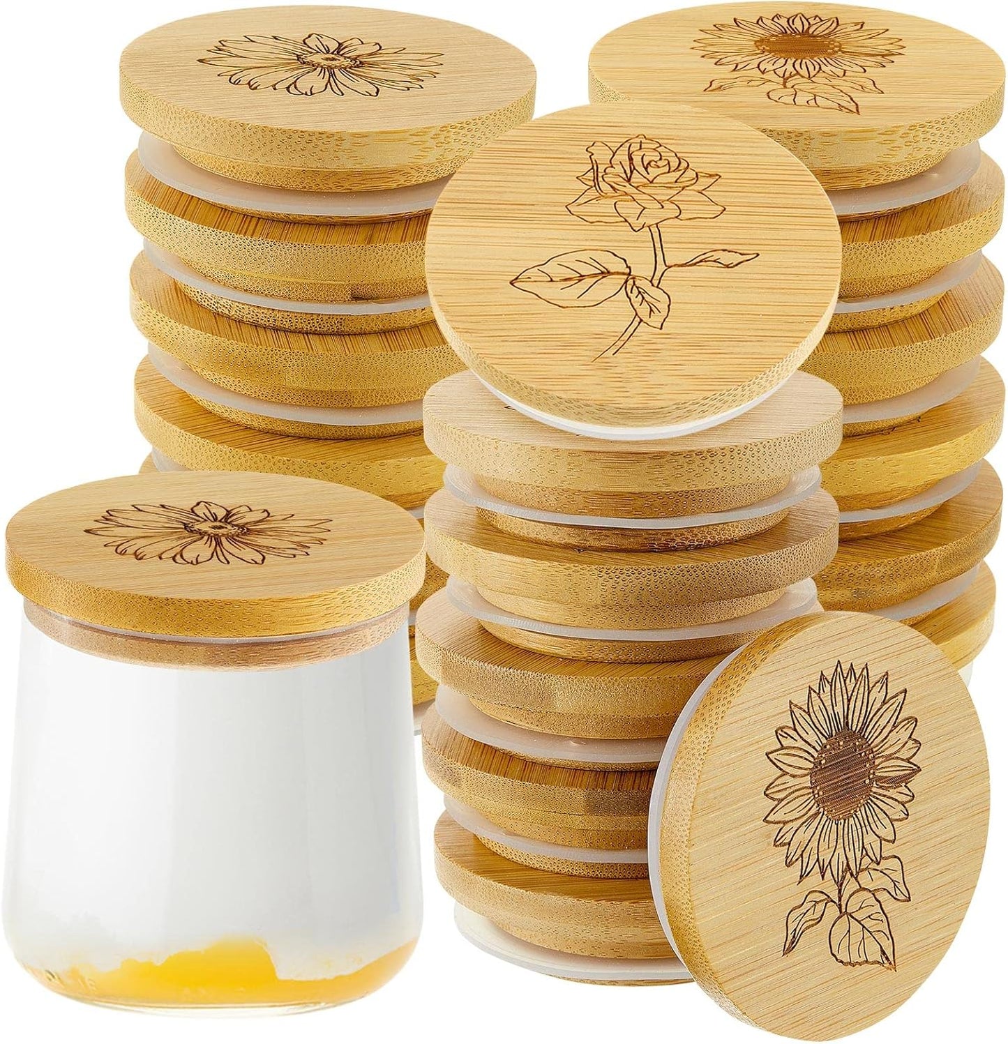 18 Set Gueevin Pieces Yogurt Jar Lids Bulk Bamboo Wooden Lids Compatible with Oui Yogurt Jars Round Reusable