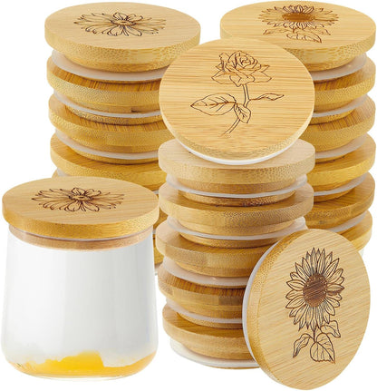 18 Set Gueevin Pieces Yogurt Jar Lids Bulk Bamboo Wooden Lids Compatible with Oui Yogurt Jars Round Reusable