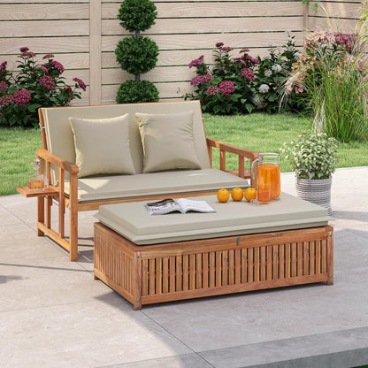 LDAILY Moccha Acacia Wood Outdoor Daybed - Wooden Loveseat Sofa with 4-Level Backrest, Storage Ottoman, Cushions, Outside Sunbed, Double Bed Lounger for Backyard Porch Pool Patio Furniture Set