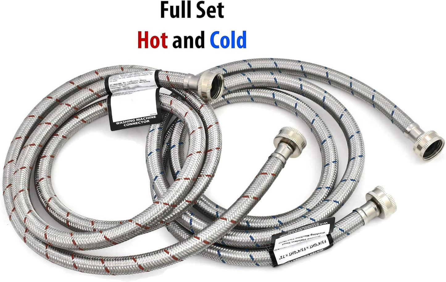Set of Hot and Cold Stainless Steel Washing Machine Hoses, 6ft Long, Burst Proof Water Supply Lines