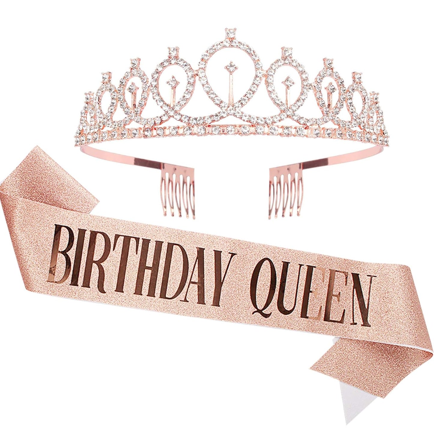 CAVETEE Birthday Crown and Sash for Women, Rose Gold Rhinestone Tiara Set for Decorations
