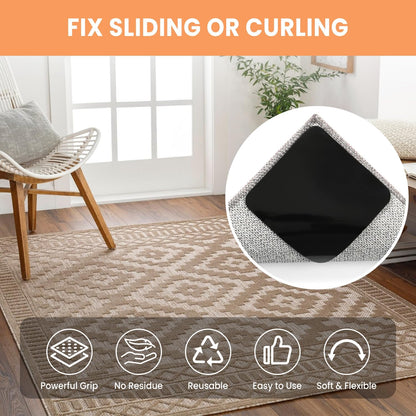 BAGAIL Non-Slip Rug Grippers - 4 Reusable Double-Sided Adhesive Corners for Hardwood & Tile Floors | 4x4in