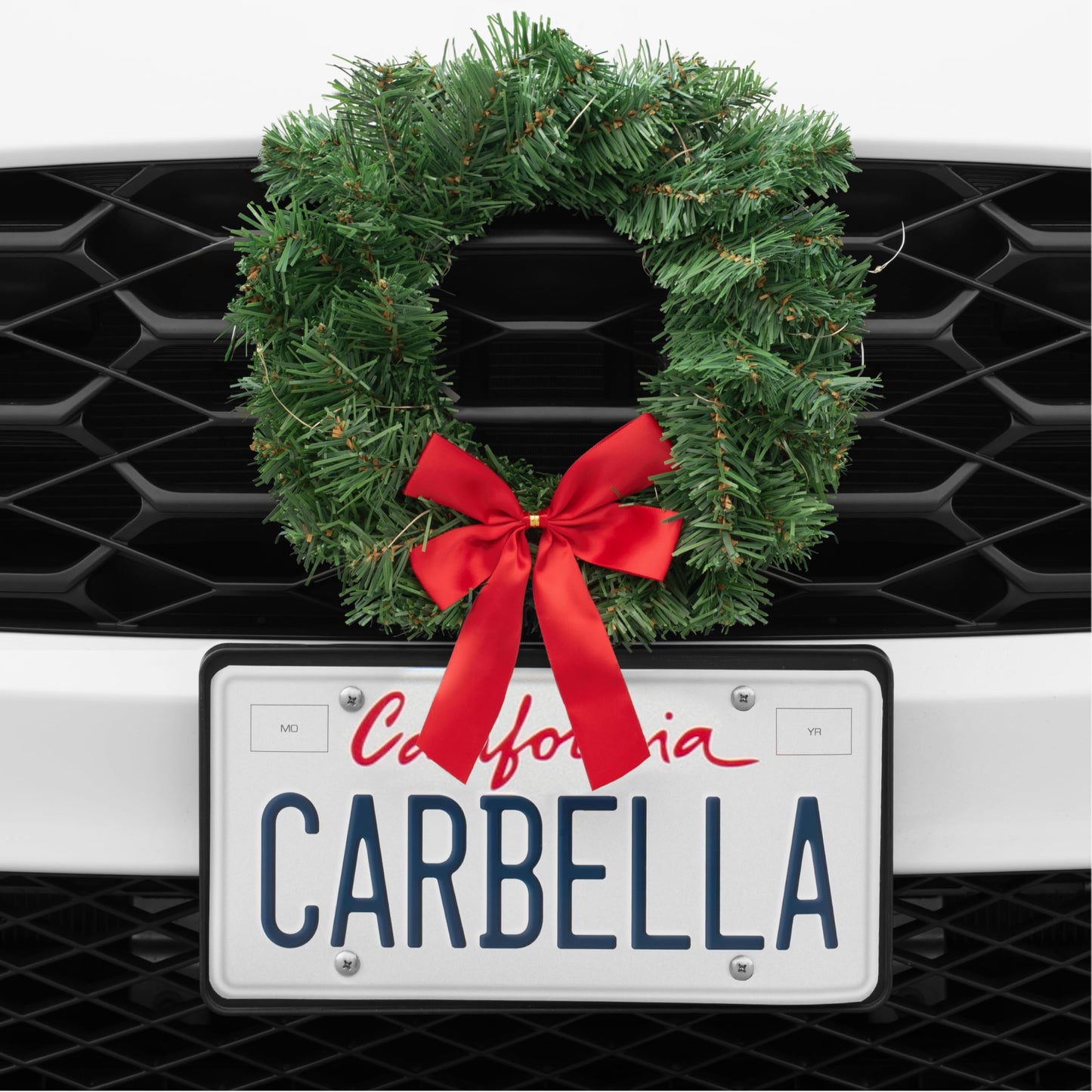 Carbella Christmas Wreath for Car Truck SUV Van, LED Light Up with Red Bow Decoration Ornament Mount Xmas Artificial Pine Water-Proof Winter Holiday Wreath Mounting Hardware Included (11" x 11")