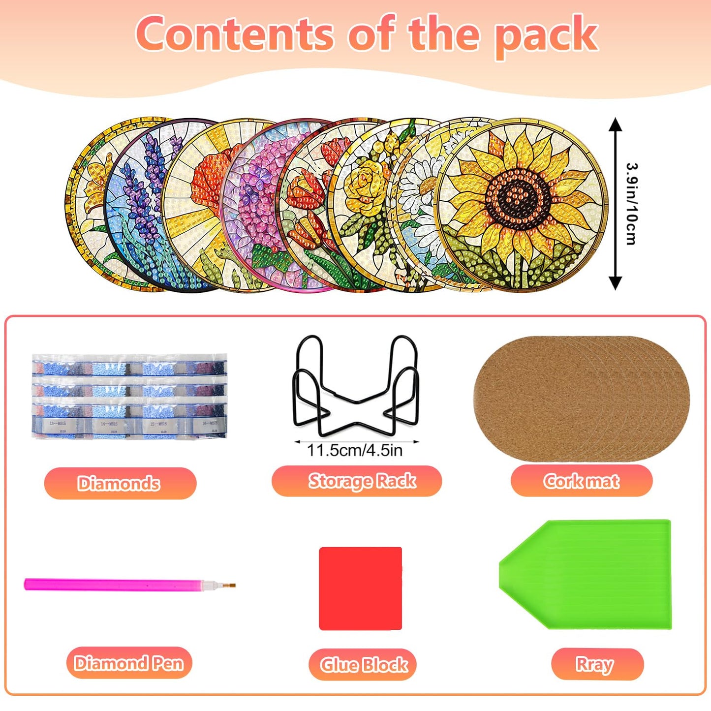 8 Pcs Flower Diamond Art Coasters Kit for Adults, Flowers Diamond Painting Coasters with Holder, 5D Gem Art DIY Crafts Diamond Dots for Gift Life