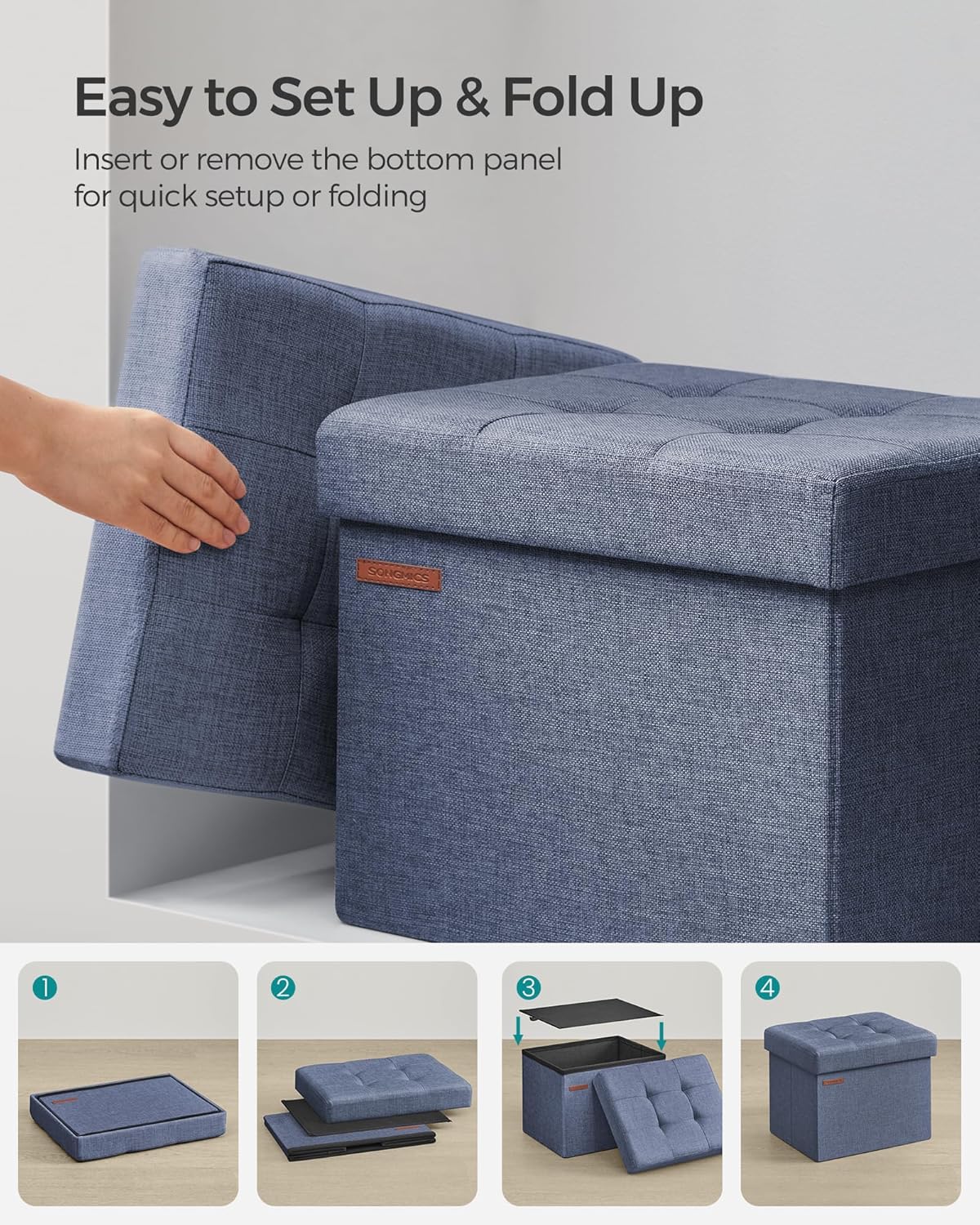 12.2 16.1 12.2 Inches, 286 lb ULSF102Q01 SONGMICS MAZIE Collection - Small Folding Storage Ottoman, Foot Rest Stool, x