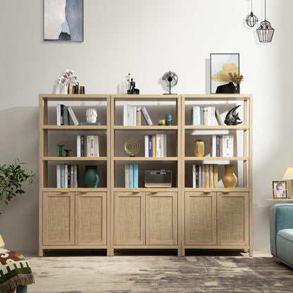 SICOTAS Bookshelf 5 Tier Book Shelf Rattan Boho 71" Tall Bookcase with Doors Storage Shelves Large Bookshelves Farmhouse Bookcases Library Book Case for Living Room Bedroom Home Office Kitchen