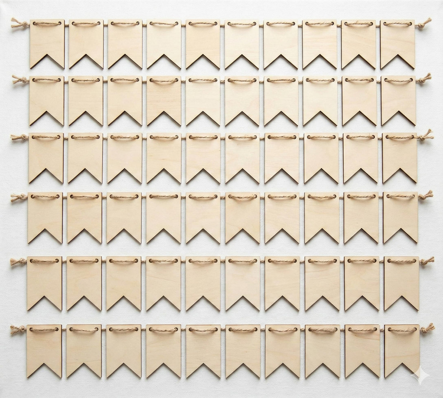 Oojami 50-Pack Unfinished Wood Banner Flags with Twine – Natural Wooden Pennant Ornaments for Crafts, Painting, Wood Burning, and Laser Engraving – Custom Blank Garland Kit for Party & Event Decor
