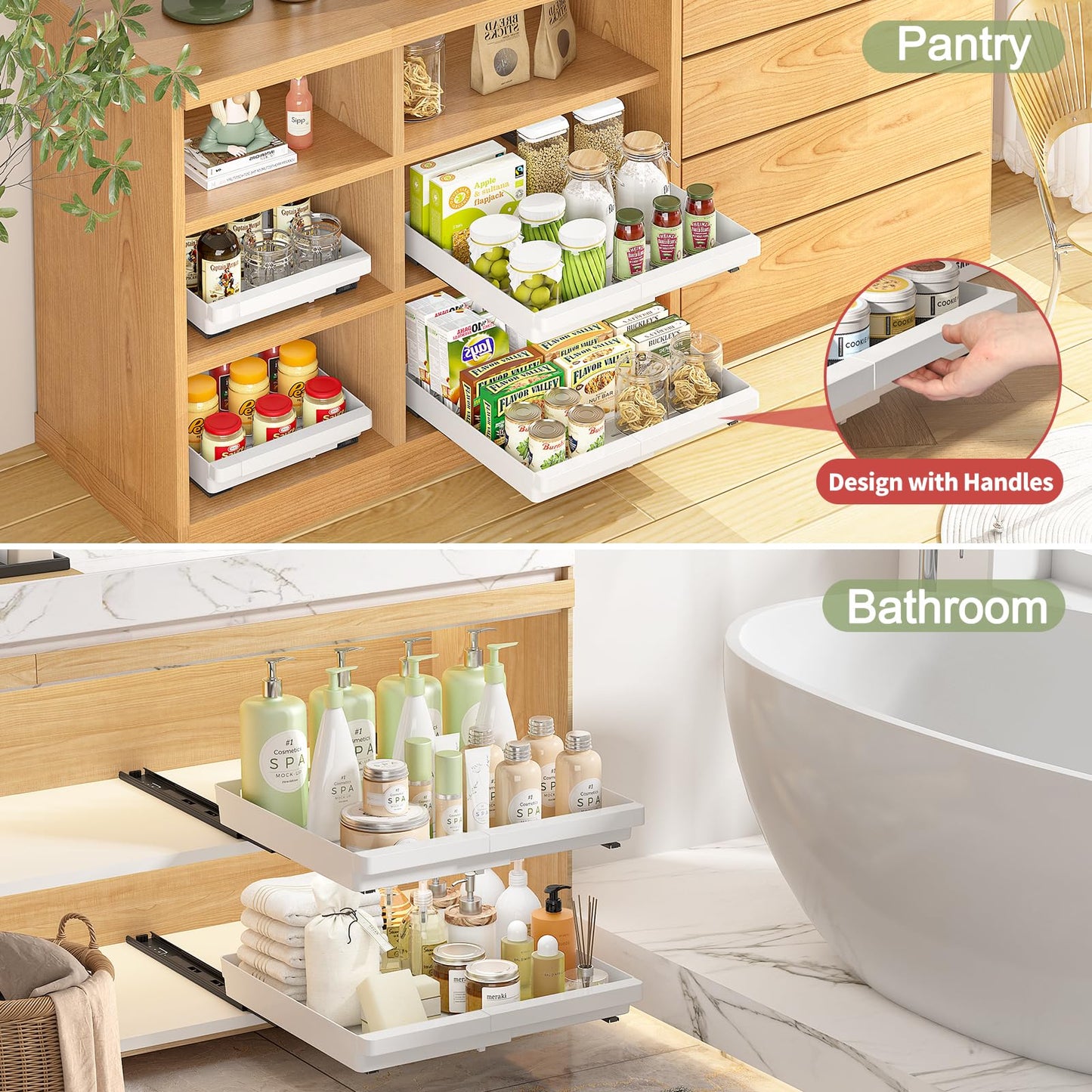 DOMNIU 2 Pack Pull Out Cabinet Organizers Expandable, Plastic Slide Out Drawers for Kitchen, Bathroom, Pantry, Under Sink Storage, Pull Out Drawers Fixed with Adhesive Nano Film (White, 11.6''-17.5'')