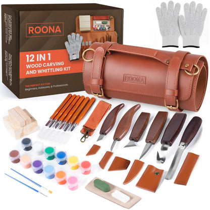 ROONA Wood Carving Kit, 24Pcs with Carving Knives, Chisel Set, Leather Strop, Sharpening Compound with Polisher, Gloves, Paint Set & Basswood Blocks – Whittling Knife Set with Rolling PU Leather Case